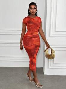 Xyvia Đầm ôm sát cơ thể thanh lịch, gợi cảm, cổ tròn, tay ngắn, xếp ly eo, xẻ tà bên hông, chất liệu lưới co giãn màu cam gradient dành cho nữ, thích hợp cho mùa xuân/hè. - trái cam - Xem 6