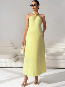 MaterniWear Đầm bầu cổ yếm màu trơn hở lưng buộc dây khoét lỗ thanh lịch cho kỳ nghỉ - Màu vàng - Xem 3