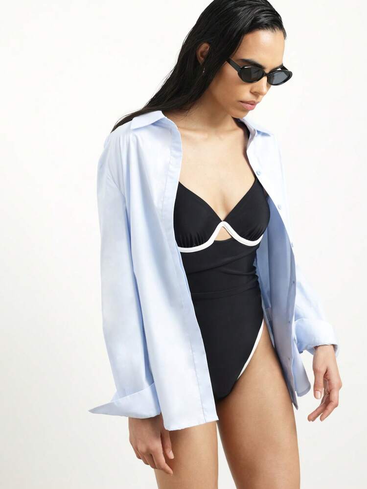 KSTM Underwire One Piece Swimsuit With Contrast White Binding Cut Out Back Tie Detail Summer Beach