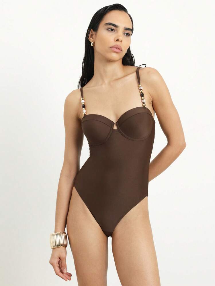 KSTM Draped Beaded Strap Plunge Neckline One Piece Swimsuit With Underwire Support And Cut Out Back Detail