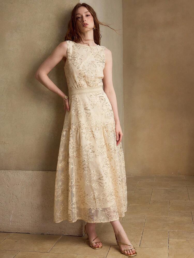 ELEGANT CONTRAST SEQUIN SLEEVELESS MIDI DRESS