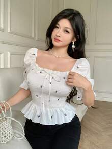 Celisse Blusa de cuello cuadrado con mangas abullonadas, top corto con dobladillo plisado y volantes, estilo fresco y juvenil para citas y uso diario - Blanco - Ver 6