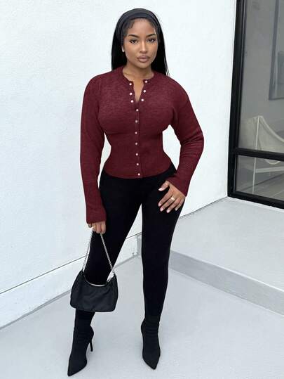 Alexandranx 短款修身前扣纯色长袖简约休闲针织开衫、毛衣、短款女式毛衣、女式毛衣、针织毛衣、冬季女装、秋季女装、FW24