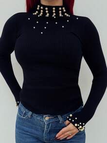 Bearsaez 仿珍珠领修身黑色长袖套头毛衣 - 黑色 - 查看 4