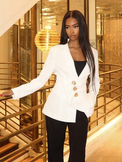 Mima John 女士优雅纯色腰部收紧西装外套，适合通勤