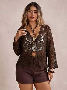 Freevana 大码女式镂空休闲百搭长袖开衫，适合日常穿着 - 巧克力棕 - 查看 4