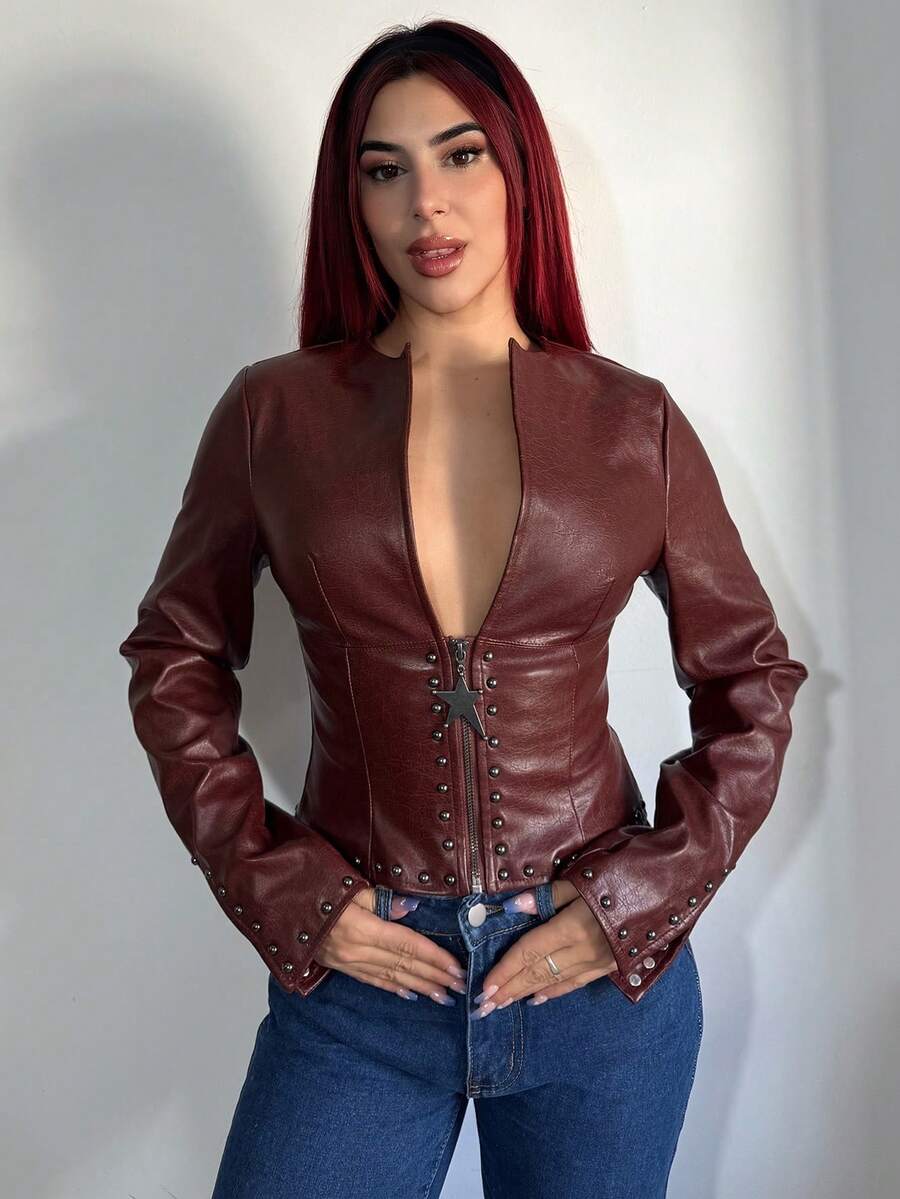 Bearsaez Wine Red Street Style Long Sleeve Leather Jacket,Leather Jacket,Burgundy ,Punk,,Fall Clothes For Women,Winter,Cropped Jacket,Streetwear, - Burgundy - View 1
