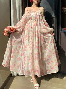 DAZY 女士吊带露肩灯笼袖印花连衣裙，夏季 - 粉色 - 查看 6