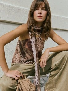 Nöista This Elegant Off-The-Shoulder, Bias-Cut Printed Silk Tie-Front Top Features A Predominantly Brown Color Scheme. Its Flowing Silhouette, Metal Buckle, Abstract Print, And Lightweight Silk Fabric Make It An Ideal Choice For Layering In Casual Or For Sophisticated Everyday Wear In Spring And Summer. - Coffee Brown - View 3