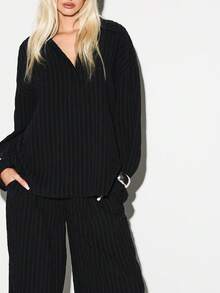 KIZN Ribbed Knit Long Sleeve V Neck Collared Button Up Blouse With Textured Stripe Detail Fall Winter Casual - Black - View 1