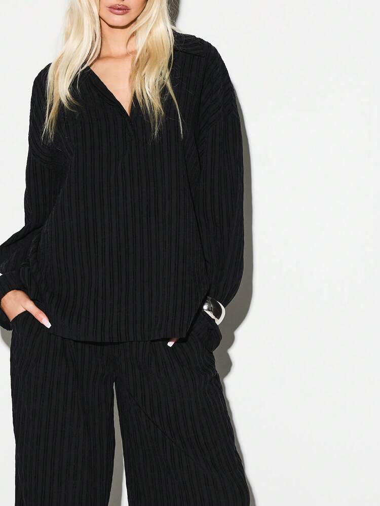 KIZN Blusa de Botão com Gola V de Manga Longa, Tricô Canelado com Detalhe de Listras Texturizadas, Casual para Outono e Inverno