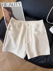 Franclia Women's Solid Color Pocket Button Casual Versatile Vacation Shorts - Apricot - View 4