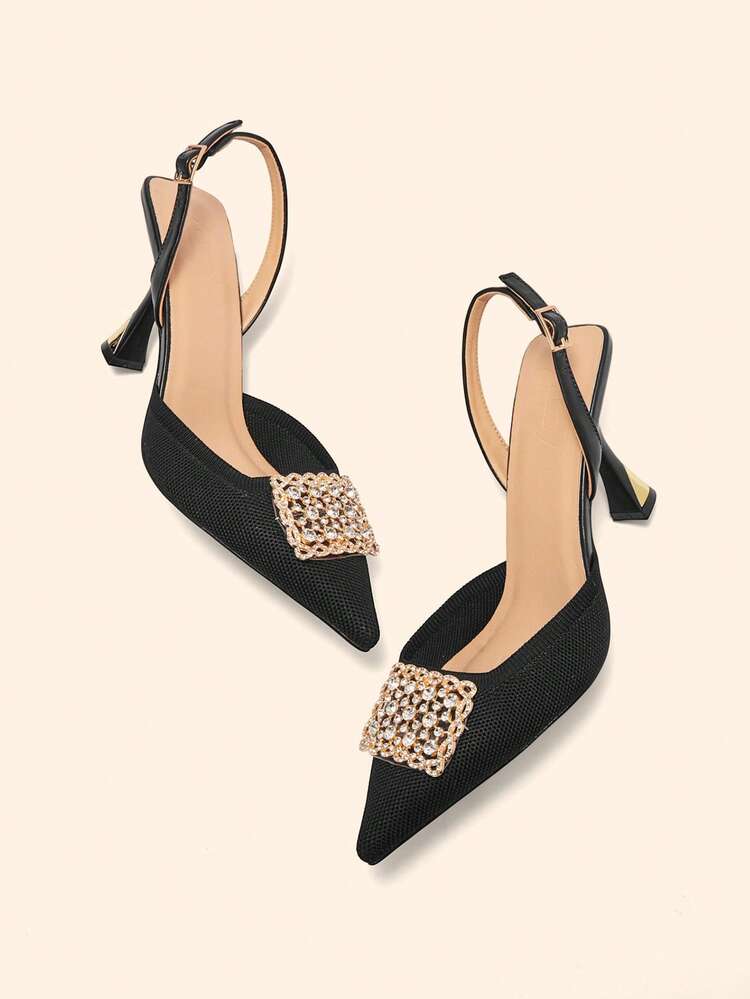 CUCCOO BASICS Ladies Rhinestone Square Buckle Decorative Pointed Back Lift Buckle Wine Glass Heels High Heels Popular Fashion Elegant Banquet Prom Party Outdoor Comfortable Shopping Dating Daily Commuter Birthday Gift Wedding Shoes Four Seasons Black Fabric High Heels Shoes