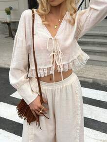 Livesso 2pcs/Set Women's White Lace Patchwork Tie-Up Vacation Outfit Lounge Sets For Women - Apricot - View 1