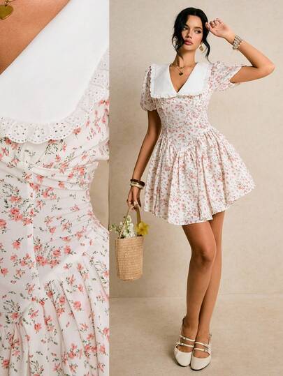 Poéselle Women's Vintage Floral Puff-Sleeve Mini Dress With Contrast Eyelet Sailor Collar – Romantic Cottagecore Skater Sundress Puff Sleeve Mini Dress Cottagecore Floral Dress Sailor Collar Dress Babydoll Sundress Vintage Summer Dress Ditsy Floral V-Neck Casual Short Sleeve Mini Dress Cottagecore Dress Milkmaid Dress For Women Summer Dresses For Women French Dresses For Women Women Vacation Dress Floral Dress Pink Dress  Wedding Guest Dresses Summer Holiday Outfits Short Floral Dress Tea Party Dress