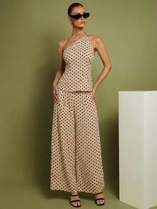 COSMINA Women's Polka Dot Print Asymmetric Neck Sleeveless Top And Long Pants 2 Pieces Set - Apricot - View 6