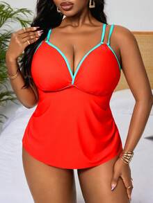 Swim Lushoire Plus Size Women 2 Pieces Floral Print V-Neck Tankini Swimwear - Red - View 3