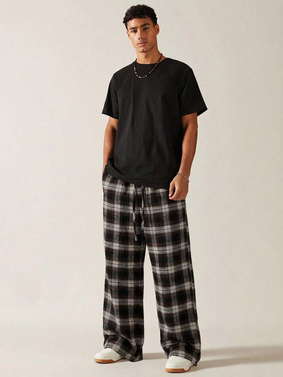 SWAVVY Standard Size Men's Fashionable Plaid Wide-Leg Pants - Black and White - View 1