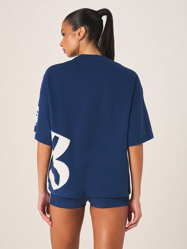 Missguided x Playboy Women's Oversized Graphic T-Shirt Navy Blue Short Sleeve Crew Neck Cotton Blend Casual Summer Spring Streetwear Logo Print Tee