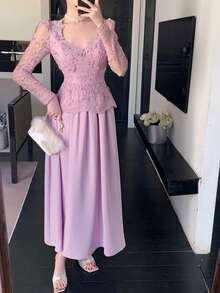 DAZY Spring&Summer Lavender Pink Lace Dress,Elegant Wedding Party,Autumn Banquet Fashion Event,Slim Fit Sheer Mesh Patchwork Full Skirt Long Dress Women - Purple - View 7