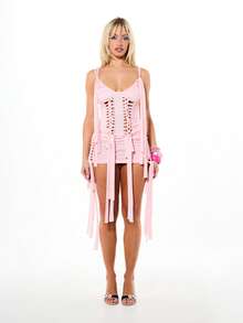 SUMWON WOMEN 女士系带粉色迷你裙，长缎带侧边镂空设计，高腰修身夏季派对夜店时尚半身裙 - 粉色 - 查看 3