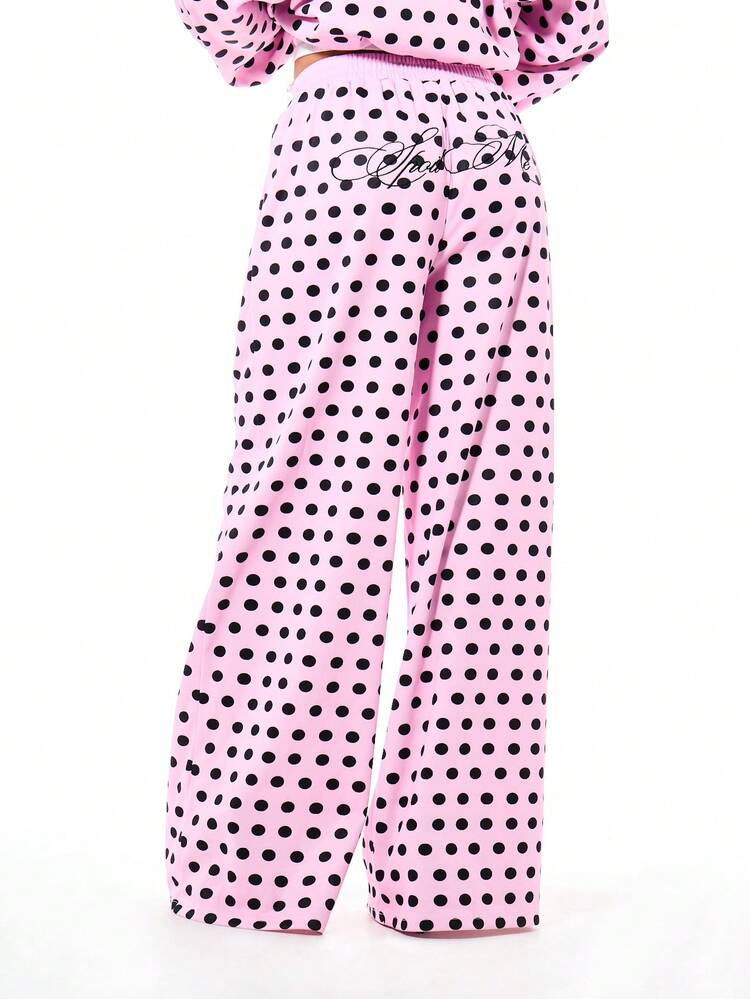 SUMWON Damen Oversized Weite Bein Polka Dot Jogginghose, rosa-schwarzer gepunkteter Muster, grafischer Sweathose, locker sitzend, Lässig Hose