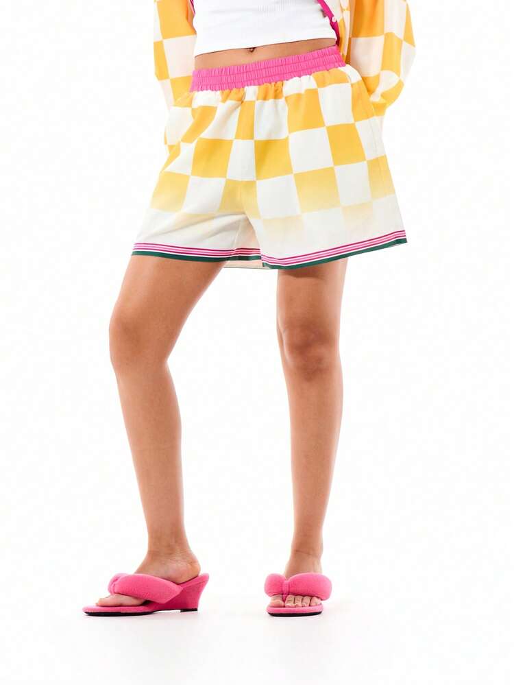 SUMWON WOMEN High Waisted Checkered Shorts With Elastic Waistband