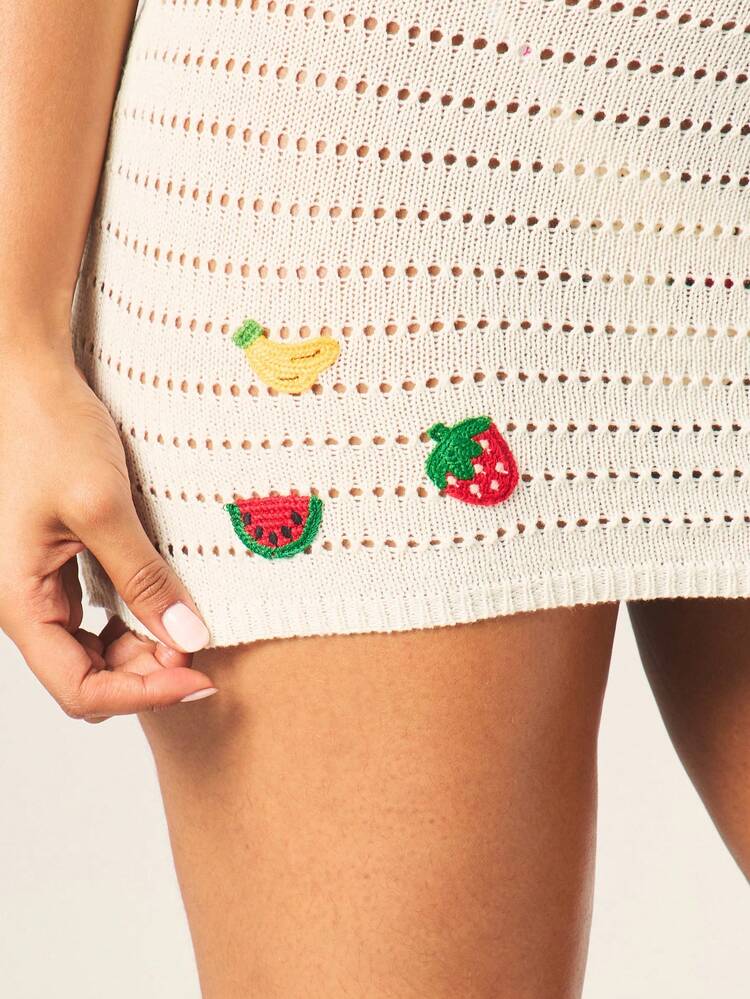 Missguided x Playboy Women's White Crochet Halter Mini Dress Cover-Up With Strawberry Fruit Appliques And Strappy Back Detail Summer Beachwear