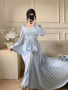 DAZY Women's Elegant Party Solid Color Flared Sleeve Pleated Dress Sundress - Baby Blue - View 2