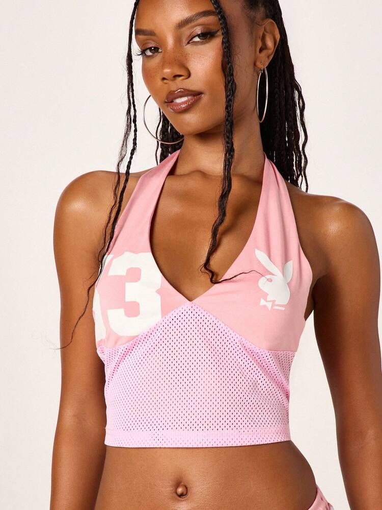 Missguided x Playboy Halter Neck Mesh Panel Tank Top And Drawstring Shorts Two Piece Summer Co Ord Set Casual Pink Outfit