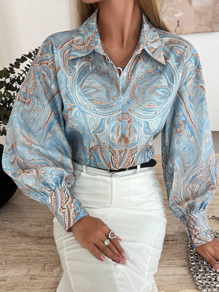 Women's Casual Retro Paisley Print Lantern Sleeve Shirt