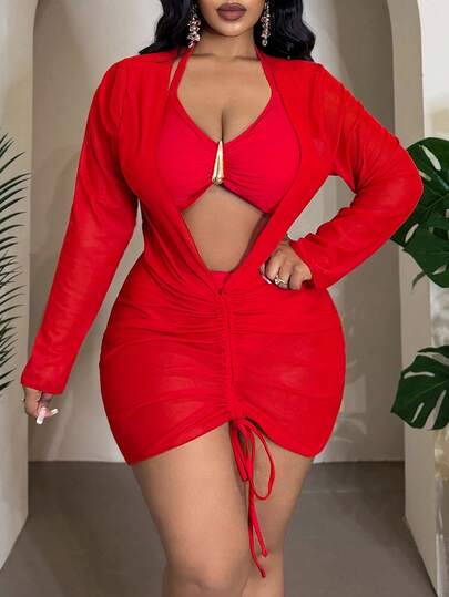 Slaydiva Nuevo conjunto de traje de baño de 3 piezas para mujer de talla grande: Top de bikini rojo con tirantes ajustables y diseño fruncido, cubrecuerpo de manga larga de malla y Bottom de cintura alta, adecuado para vacaciones y natación