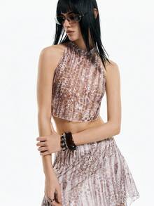 Airlisse Lace Print Leopard Hollow Sheer High Neck Cropped Tank Top & Asymmetric Hem Skirt Set, Women Design  Leopard Print Two Piece Set Y2K - Multicolor - View 1