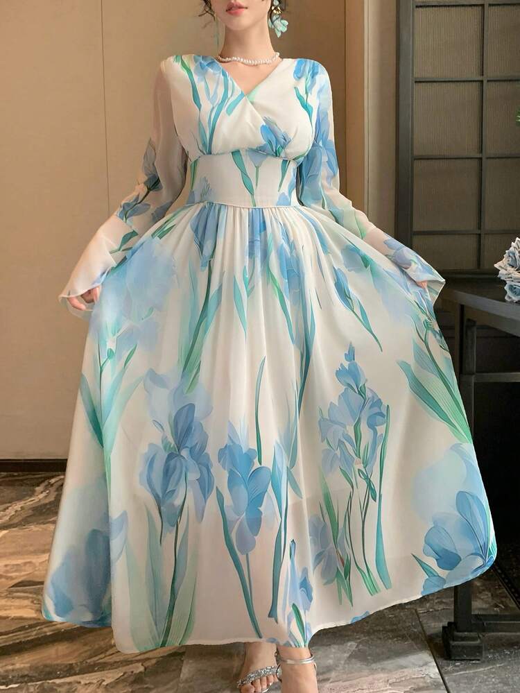 Women's Minimalist Print V-Neck Long Sleeve Dress Sundress
