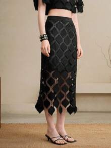 Arave 女士蕾丝高腰修身不对称下摆蕾丝半身裙，优雅约会之选 - 黑色 - 查看 8
