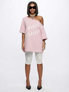 SUMWON WOMEN Women Off Shoulder Sweater Mini Dress With Summer Forever Script Print Casual Date Night Outfit - Baby Pink - View 6