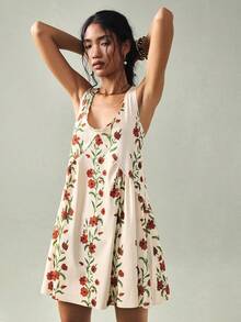 SoleilVie 女士新款宽松印花吊带迷你连衣裙，适合旅行和度假穿着 - 杏色 - 查看 6