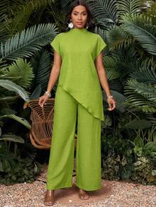 SHEIN Lady Thời trang cỡ lớn mùa xuân, hè, thu đông, áo sơ mi dệt màu xanh lá cây cổ đứng tay raglan bất đối xứng tay dài tay ngắn, bộ đồ cỡ lớn, trang phục đi nghỉ hè, bộ đồ mùa xuân cho nữ, bộ đồ thường ngày cho nữ, trang phục đi nghỉ mát, đi chơi, bộ sưu tập quần áo thời trang. - Màu xanh Ô liu - Xem 9