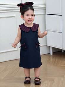DAZY Đầm không tay cổ Peter Pan kiểu Hàn Quốc cho bé gái sơ sinh/trẻ nhỏ - Xanh đậm - Xem 5