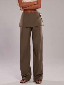 SHEIN BAE 女士休闲简约通勤侧系带直筒裤 - 卡其色 - 查看 5