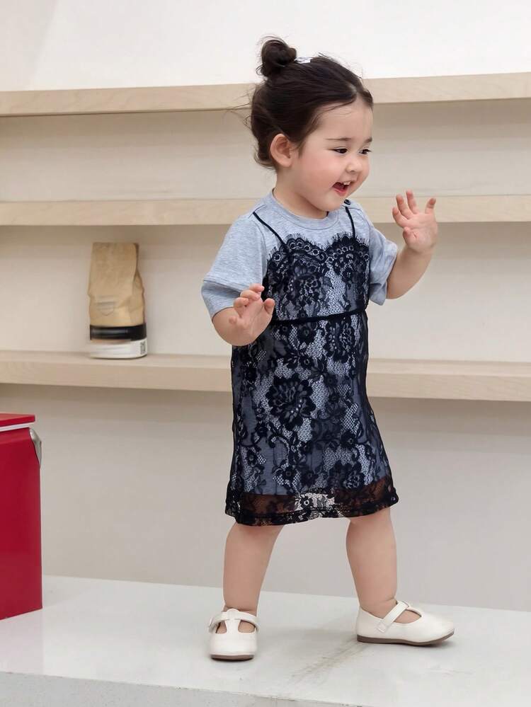 Baby Girls Korean Style Lace Trim Casual 2 In 1 Dress Toddler Girls Clothes