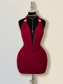 SHEIN ICON Đầm ngắn gợi cảm cổ chữ V khoét sâu, lưng hở, đính kim loại, dành cho nữ, thanh lịch cho buổi tối đi chơi hoặc kỳ nghỉ hè. - Đỏ - Xem 10
