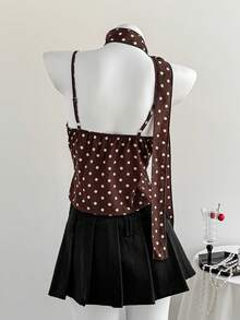 Elamini 2pcs Brown Polka Dot V-Neck Ruffle Hem Cinched Waist Fitted Camisole With Tie Strap For Women, Spring/Summer , Fashion, Commute, Vacation, Retro, Elegant, Sweet, Cute, Date, Minimalist, Versatile - Brown - View 2