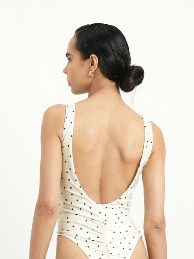 KSTM Ruched Deep V Neck One Piece Swimsuit With Polka Dot Print Summer Beach Pool Vacation Swimwear