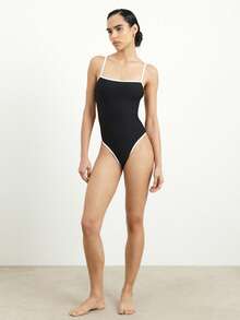 KSTM Women's Contrast Binding One Piece Swimsuit With Ribbed Texture And High Cut Leg Design Summer Beach Swimwear - Black - View 3
