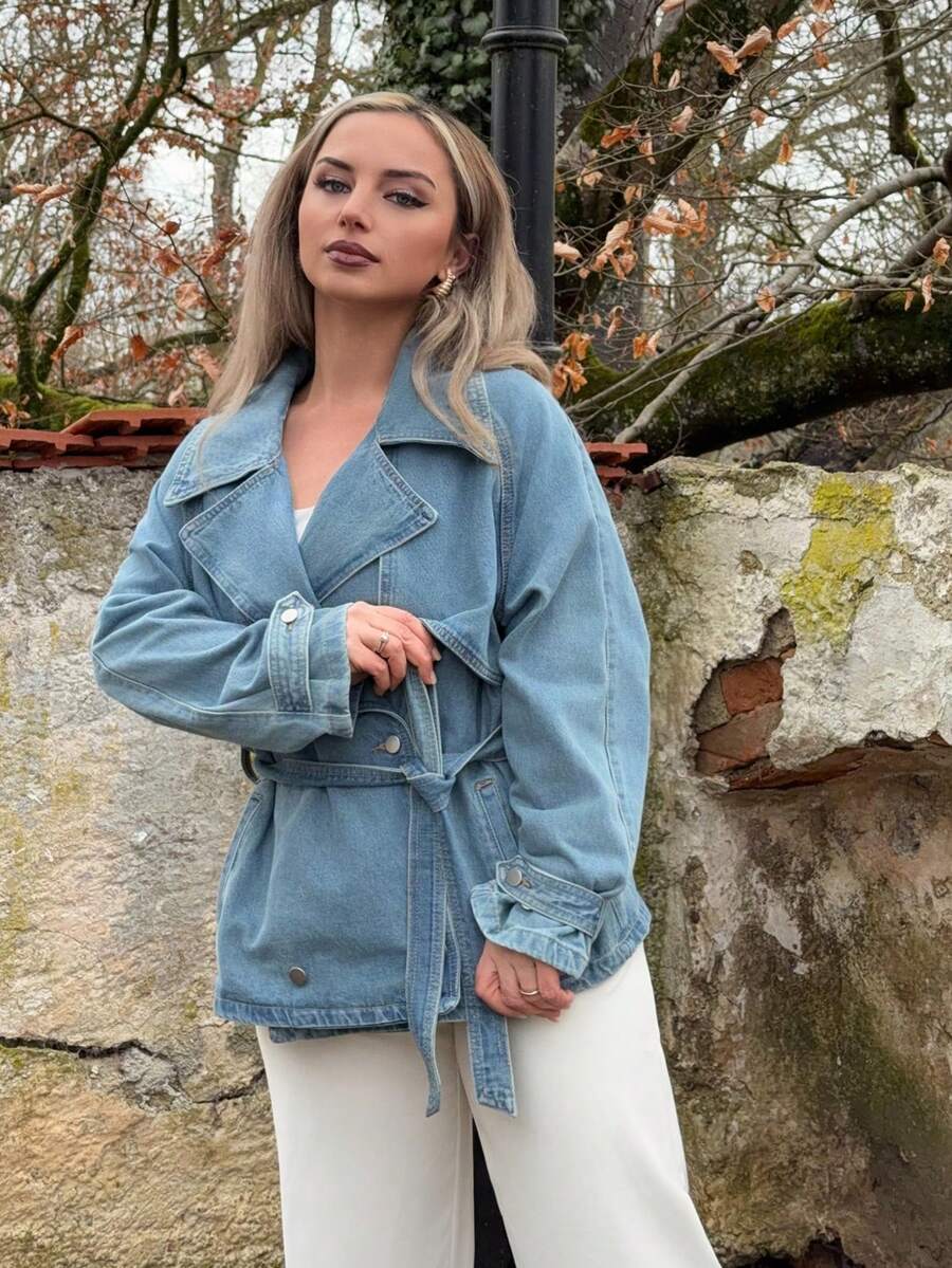 Jeta Ari Women's Lapel Belt Decor Short Casual Denim Jacket And Coat - Light Wash - View 1