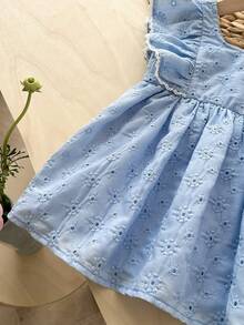 SHEIN LMoss Kids 女婴纯色梭织方领荷叶边下摆休闲连衣裙 - 藍色 - 查看 4