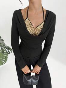 RiviMae 春季旅行、日常、派对、通勤针织拼接金色亮片露背二合一T恤 - 黑色 - 查看 1