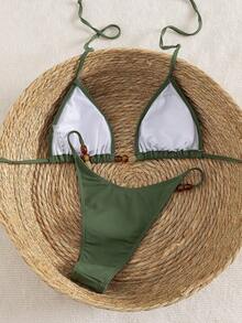 Swim Vcay Spring Break Summer Beach Solid Color Irregular Beaded Decor Halter Neck Tie Sexy Bikini 2-Piece Set - Green - View 2