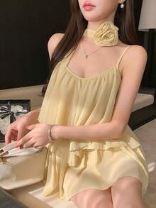 K-Vae Asymmetrical Strap Floral Decor Flowy Blouse - Yellow - View 5